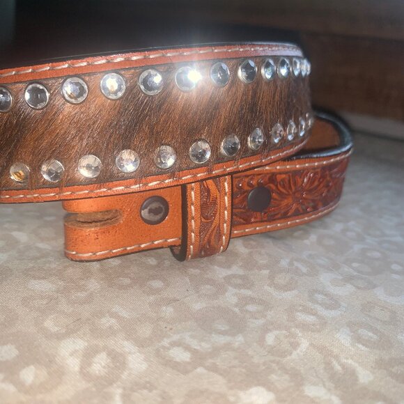 Western Tooled Hair-on Studded Belt 32” - Picture 8 of 11